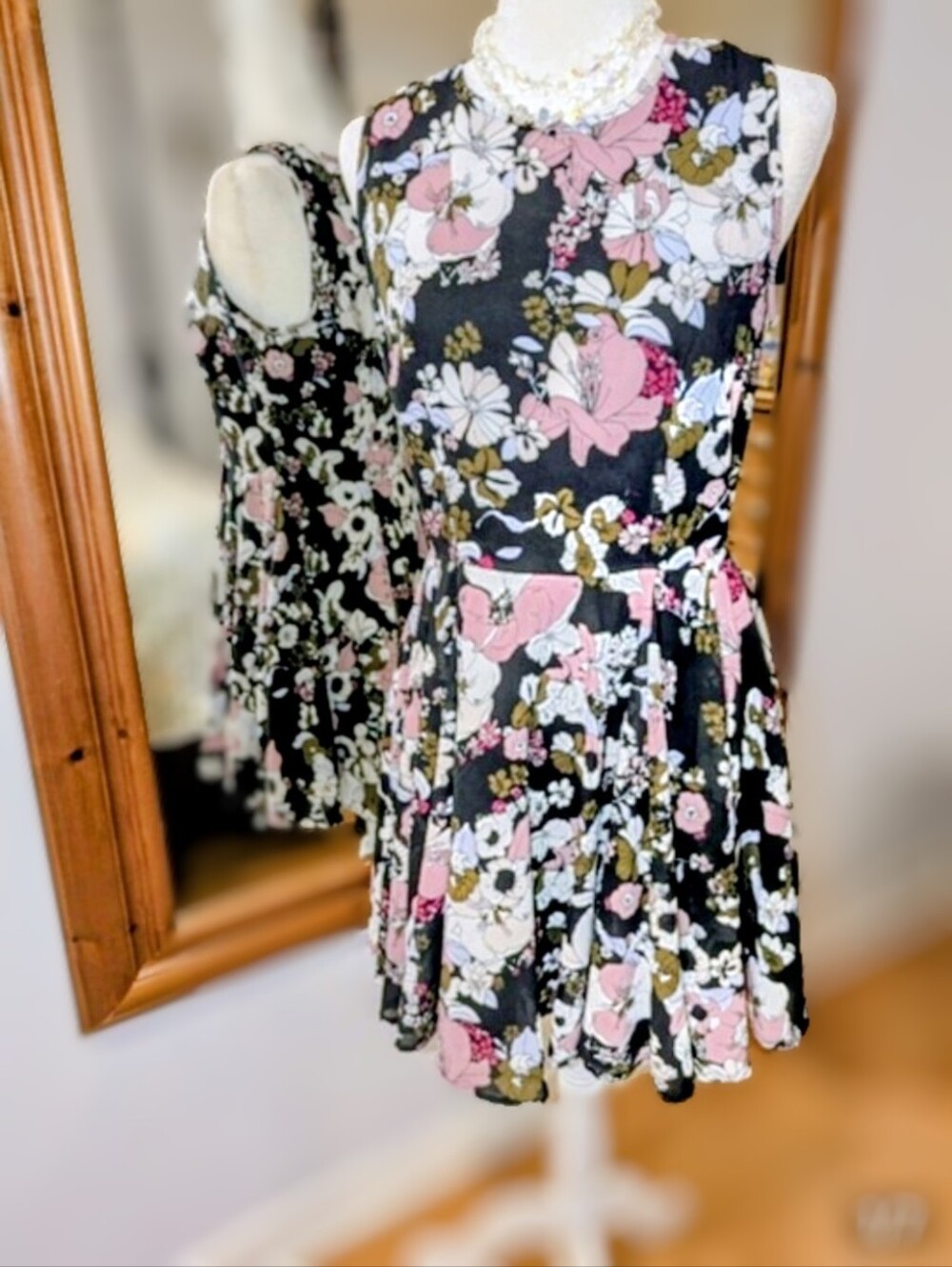 Maison Jules Black Midi Dress with Pink & White Floral Print